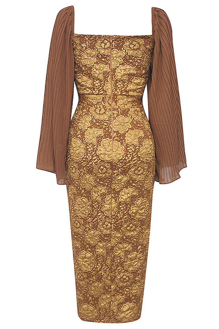 Coffee Square Neck Printed Midi Dress