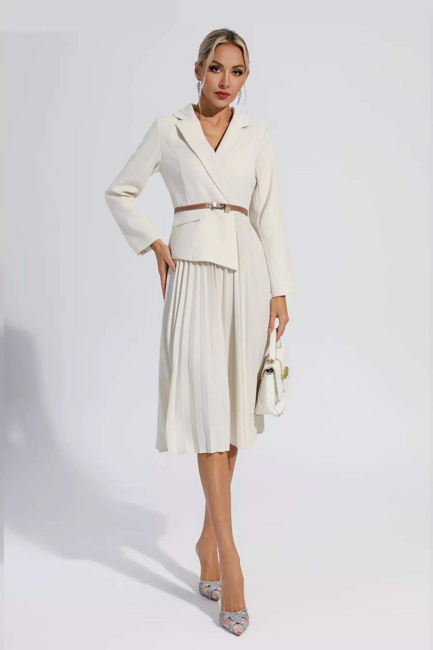 Beige Ruched Blazer Midi Dress