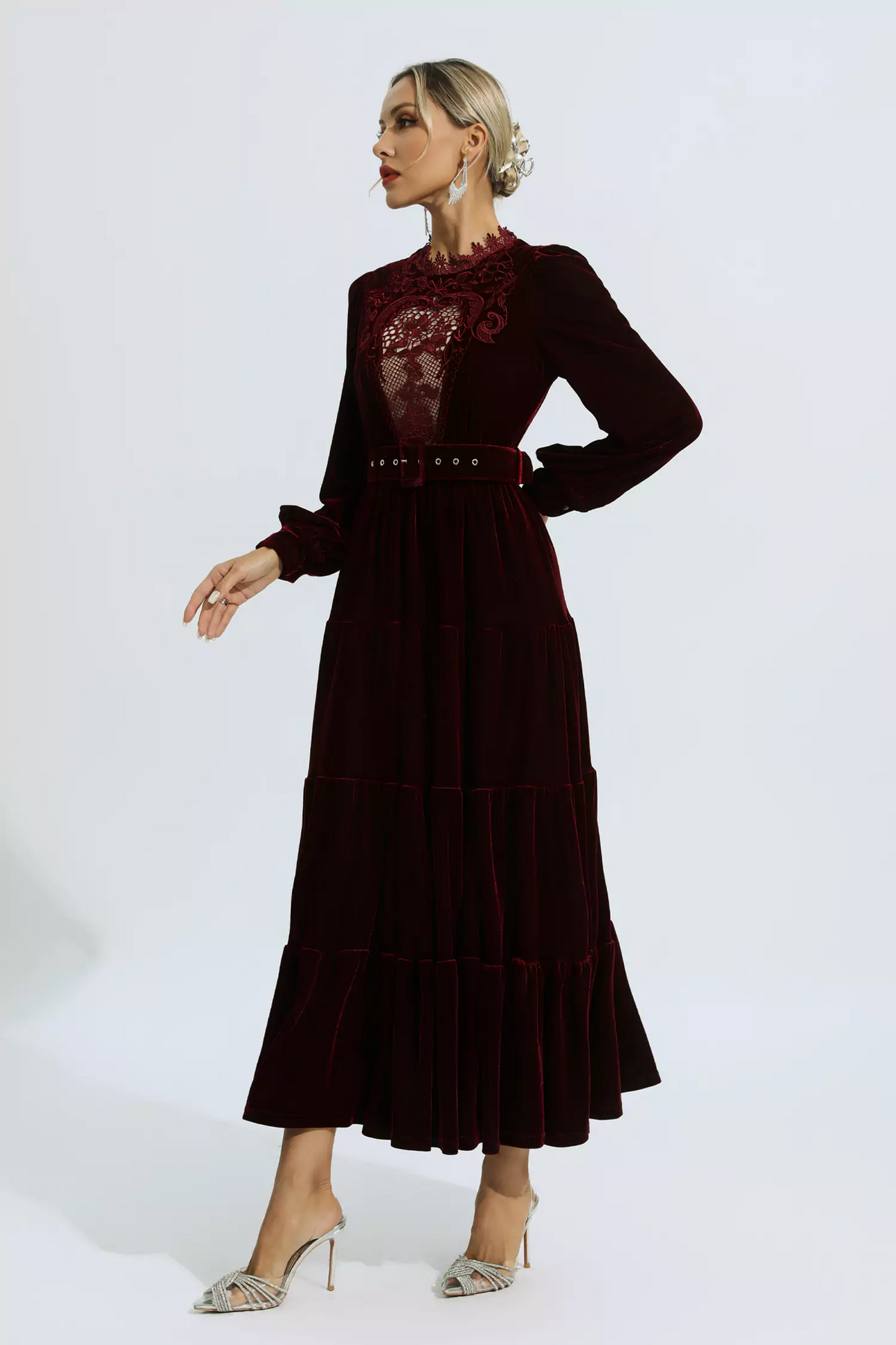 Wine Red Velvet Embroidered Maxi Dress