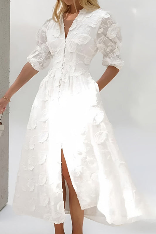 White V-Neck Bubble Sleeve Embroidered Midi Dress