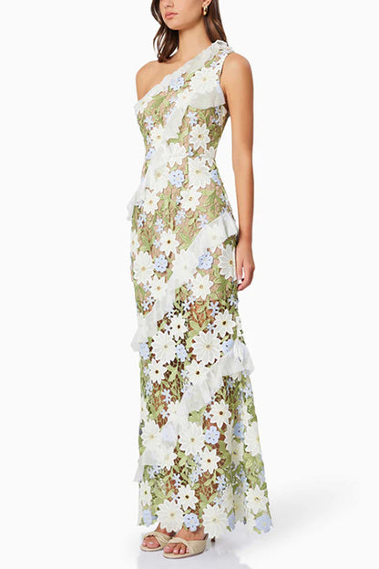 Green Slant Shoulder Floral Embroidered Maxi Dress