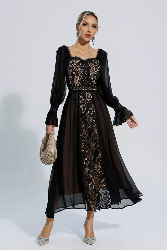 Black Floral Hollow Long Sleeve Dress