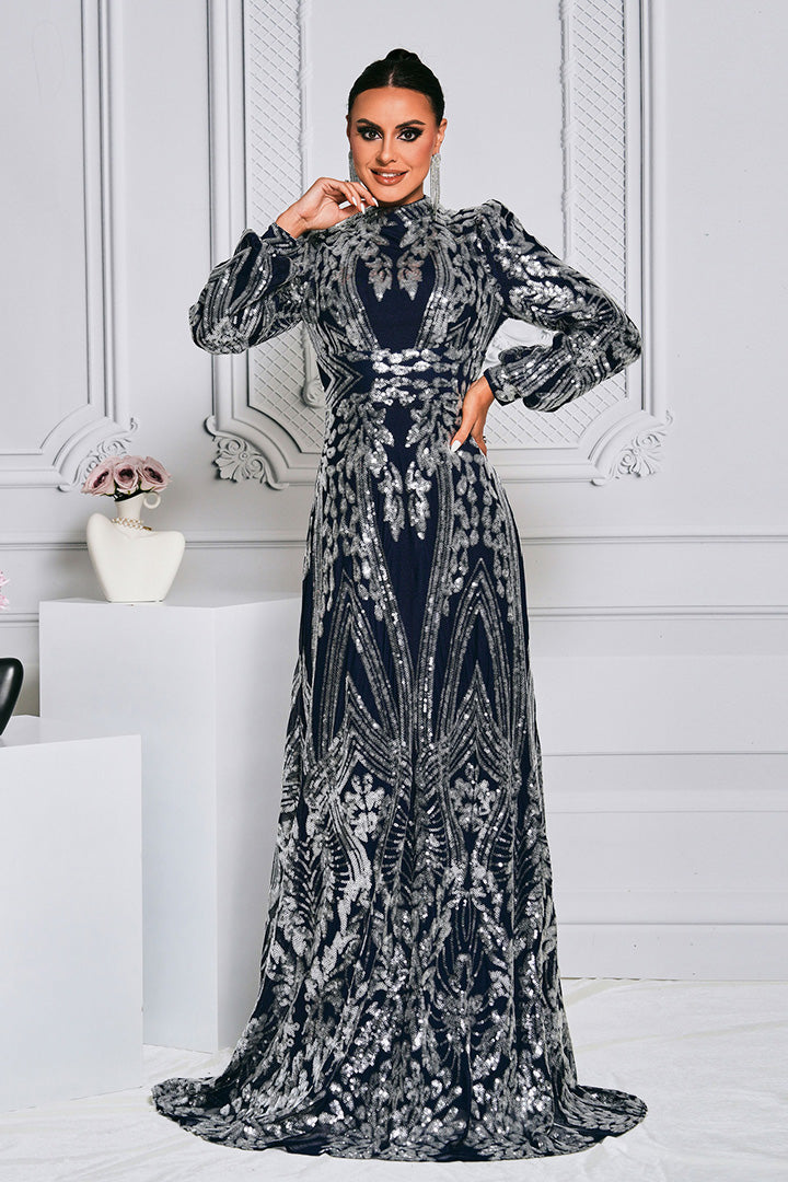 Dark Blue Vintage Sequin Maxi Dress