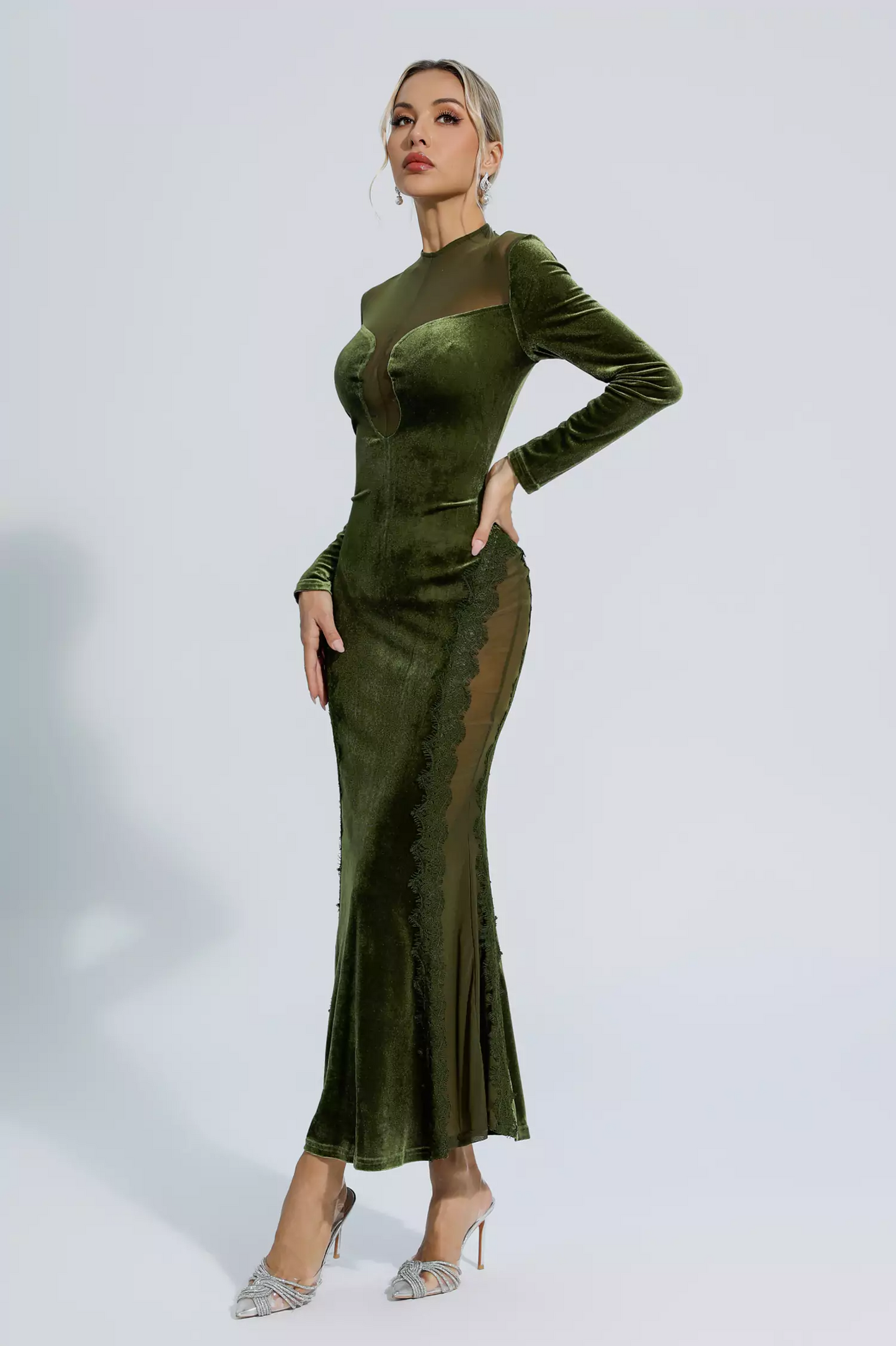 Green Mesh Long Sleeve Maxi Dress