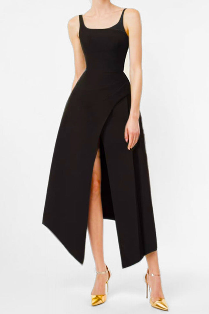 Black Detachable Pullover Halter Slit Midi Dress