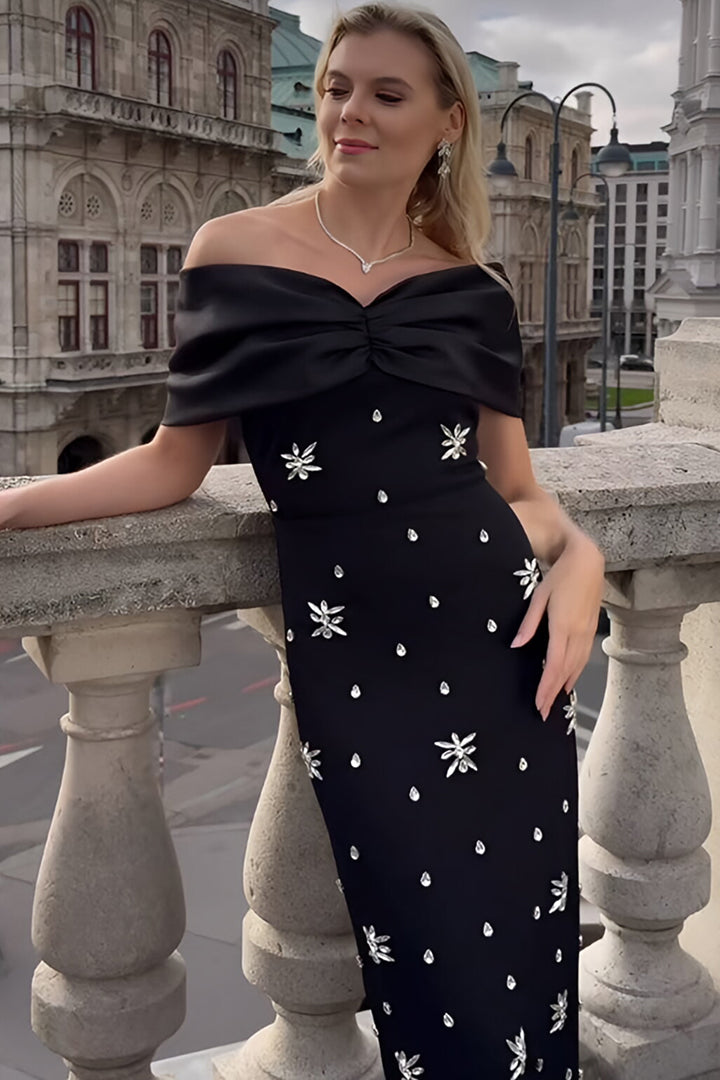 Black Sheath Rhinestone Long Dress