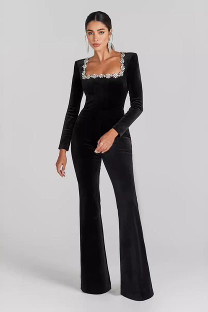 Diamante Square Neck Flared Jumpsuit