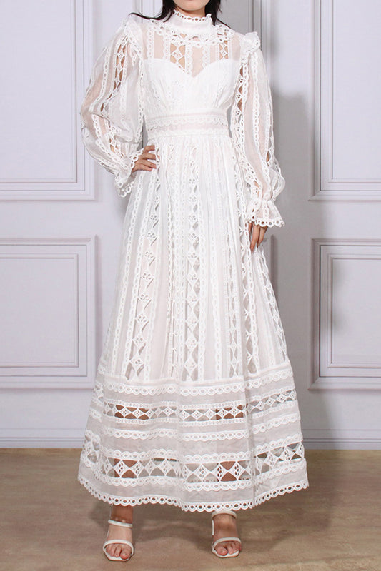 Vintage Embroidered Hollow Long Sleeve Midi dress