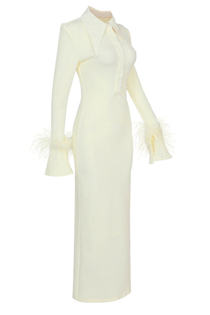 Light Yellow Feather Cuffed Stretch Long Dress