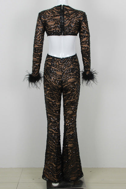 Black Backless Beaded Feather Jumpsuit