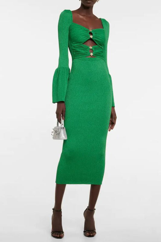 Green Diamond Beaded Knit Vertical Midi Dress