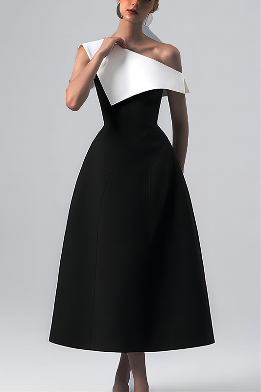 Black Slant Shoulder Color Clash A-Line Dress