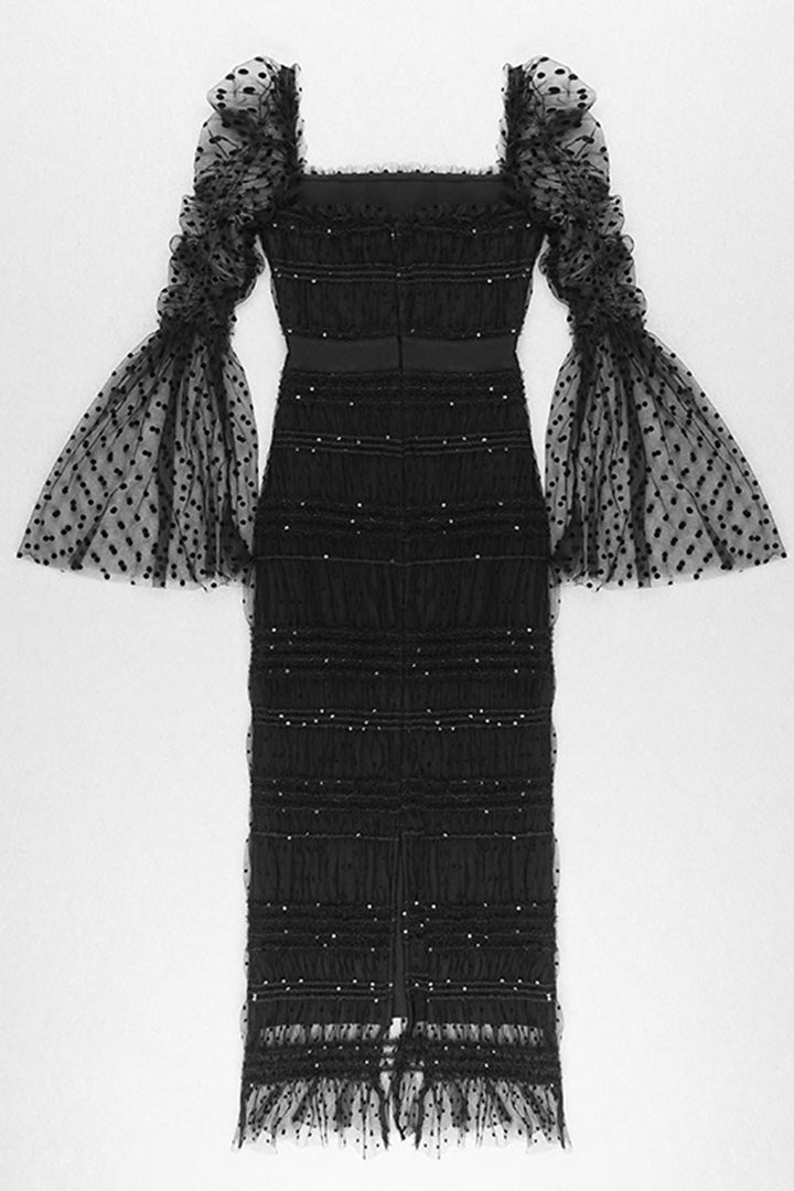 Black Square Neck Long Sleeve Lace Midi Dress