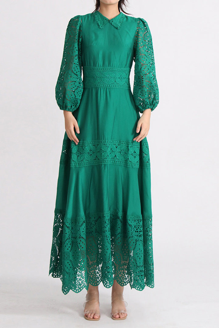 Lace Panel Lapel Long Sleeve Midi Dress