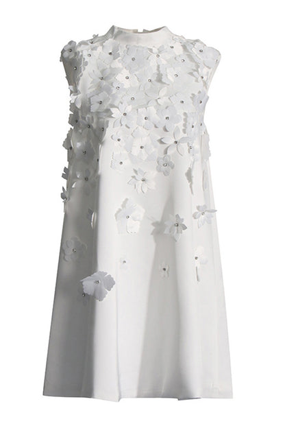 White Beaded 3D Floral Sleeveless Short Dress