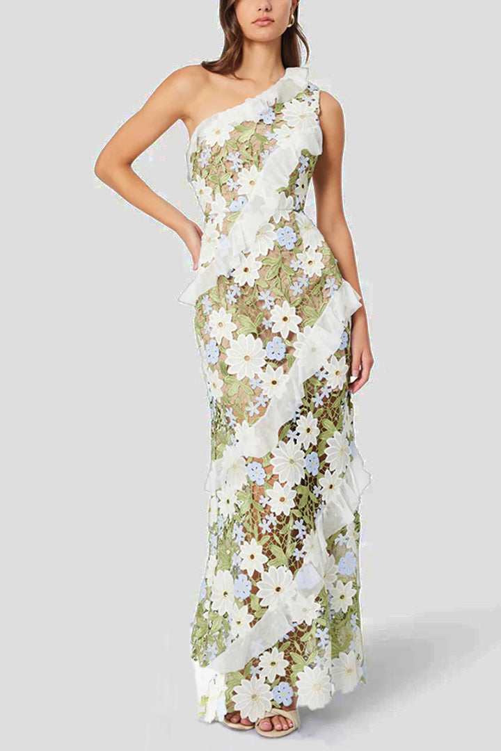 Green Slant Shoulder Floral Embroidered Maxi Dress