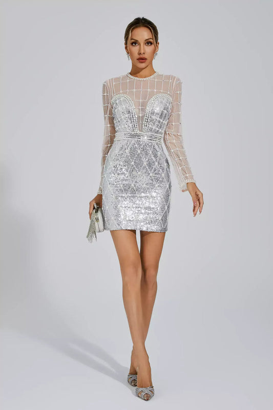 Silver Pearl Embellished Sequin Dress