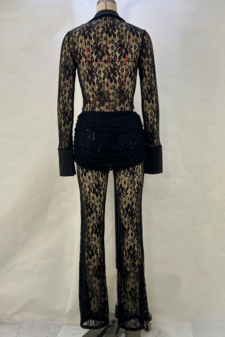 Black Lace Spliced High Waisted Flared Pants Set