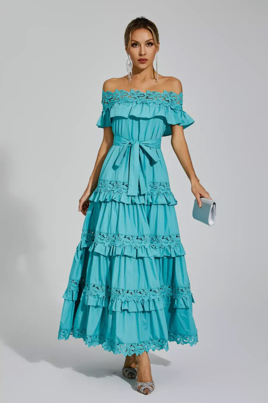 Blue Ruffle Off Shoulder Dress