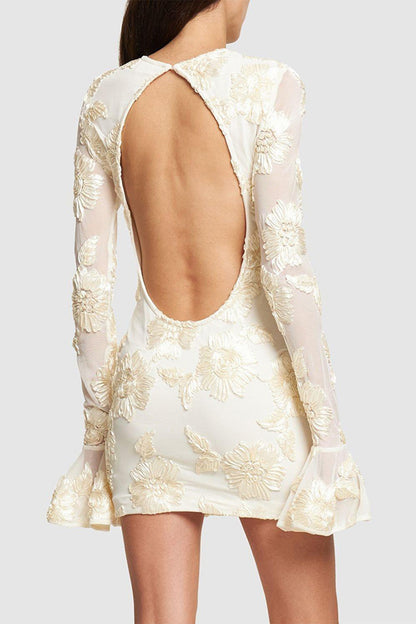 White Jacquard Embroidered Backless Mini Dress