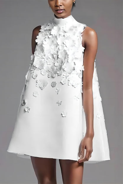 White Beaded 3D Floral Sleeveless Short Dress