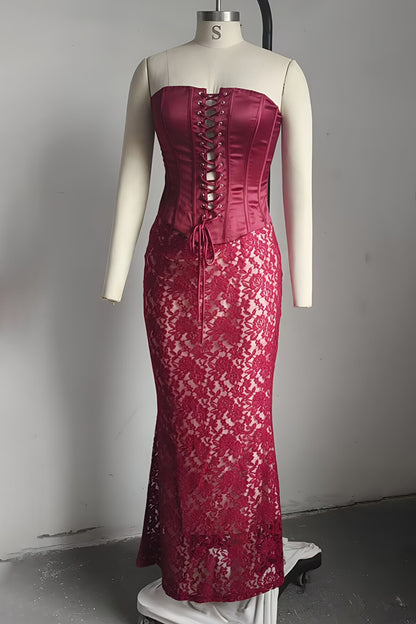 Red Sheath Lace-Up Hip Wrap Long Dress