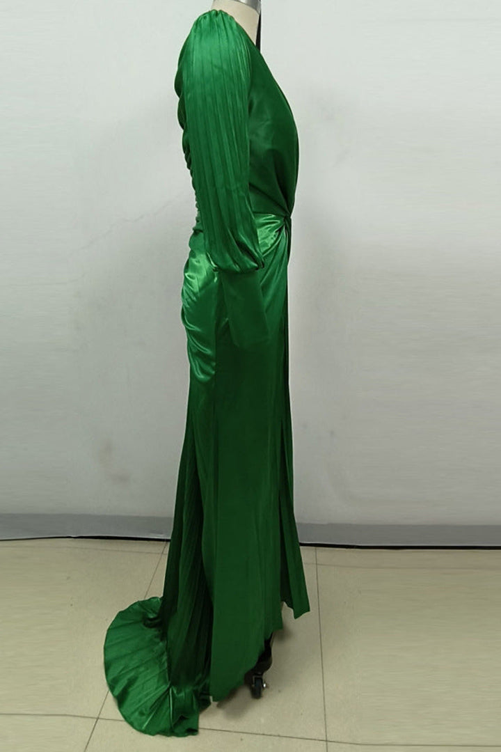 Green Elegant Long-sleeved Waist Pleated Maxi Dress