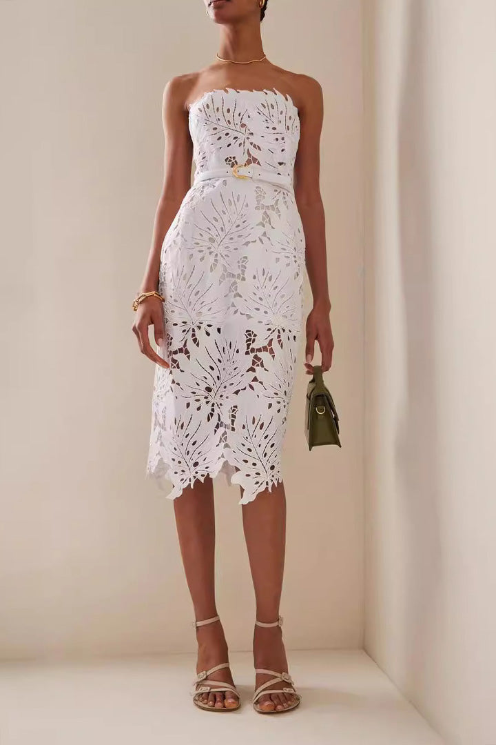 White Sheath Maple Lace Midi Dress