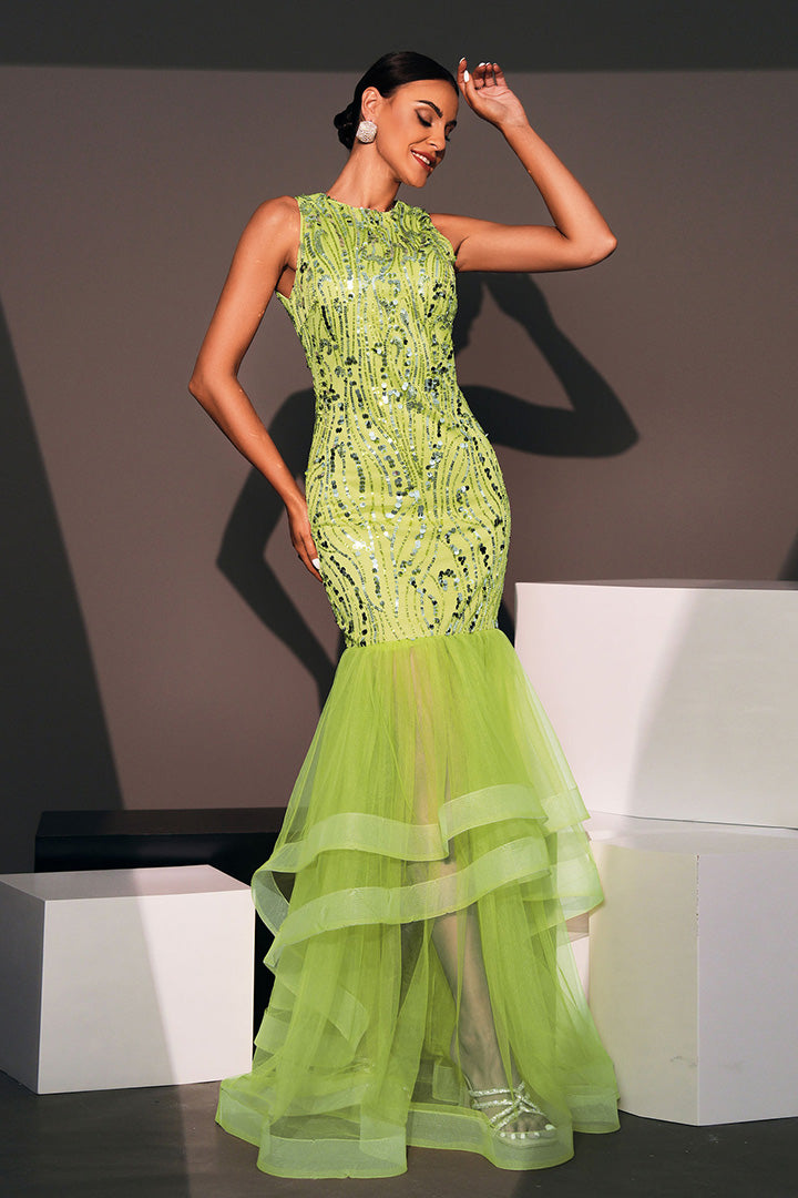 Green Sequin Mesh Patchwork Fishtail Maxi Dress