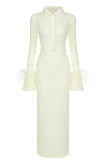 Light Yellow Feather Cuffed Stretch Long Dress