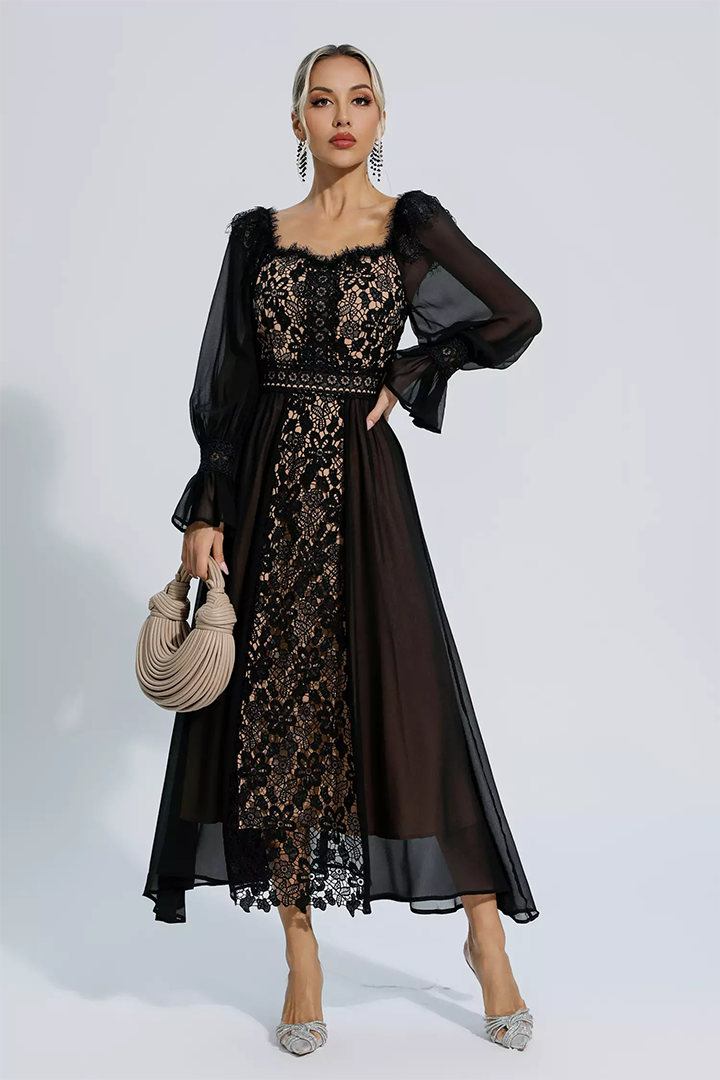 Black Floral Hollow Long Sleeve Dress