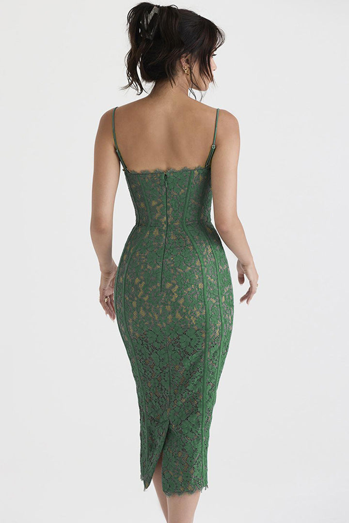 Green Lace Camisole Split Midi Dress