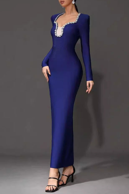 Long Sleeve Diamond Embellished Maxi Dress