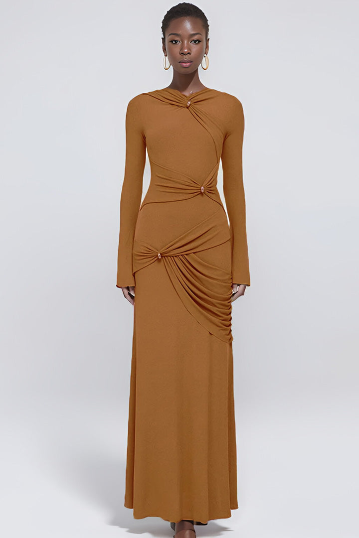 Solid Color Asymmetric Pleated Knit Long Dress