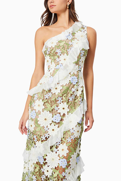 Green Slant Shoulder Floral Embroidered Maxi Dress