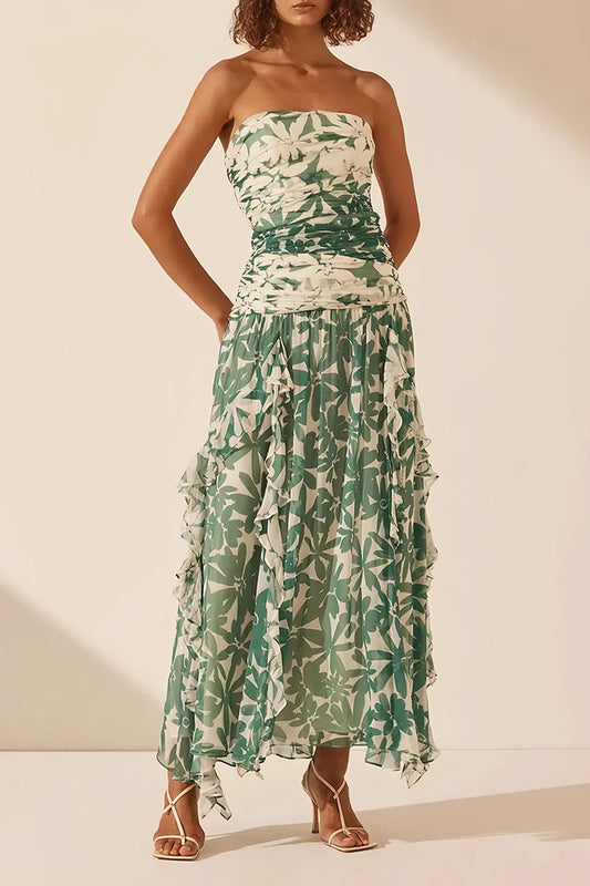 Green Floral Pleated Long Dress