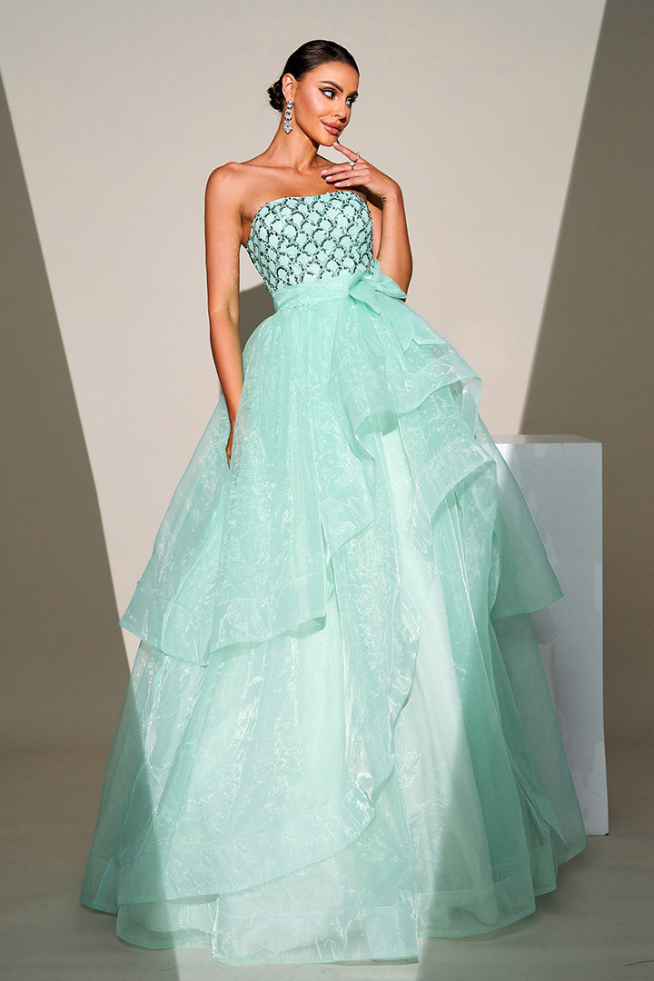 Light Green Sheath Puffy Long Dress