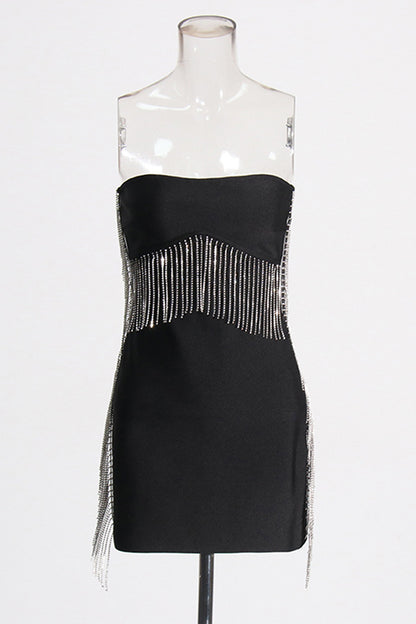 Black Rhinestone Tassel Bandage Mini Dress