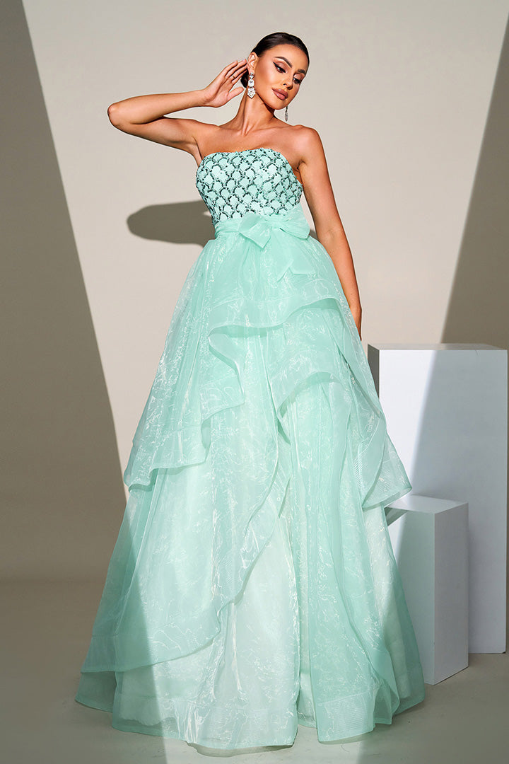 Light Green Sheath Puffy Long Dress