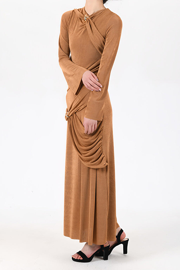 Solid Color Asymmetric Pleated Knit Long Dress