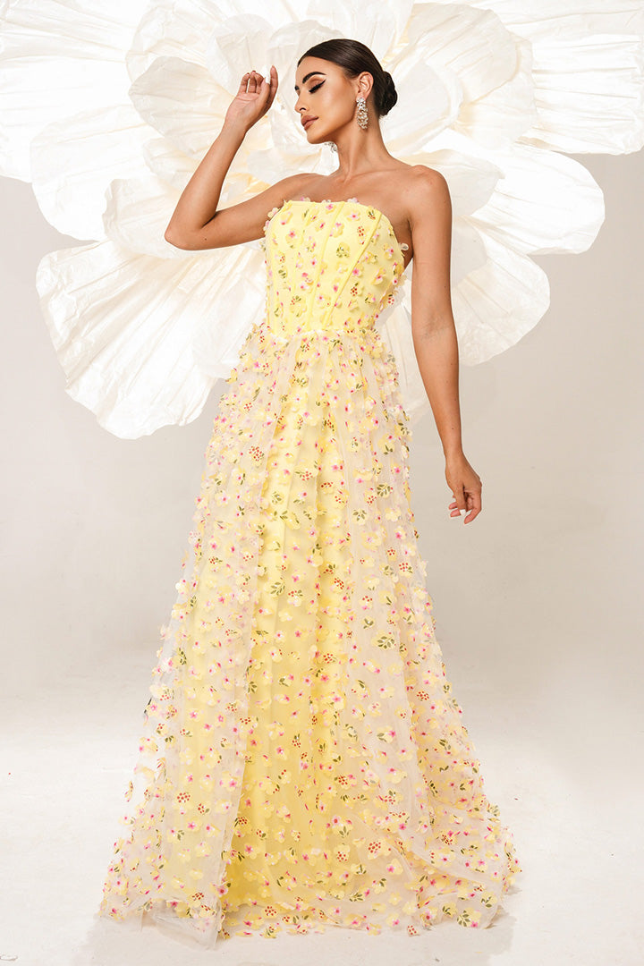 Yellow Strapless Floral Gown