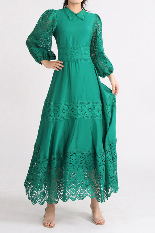 Lace Panel Lapel Long Sleeve Midi Dress