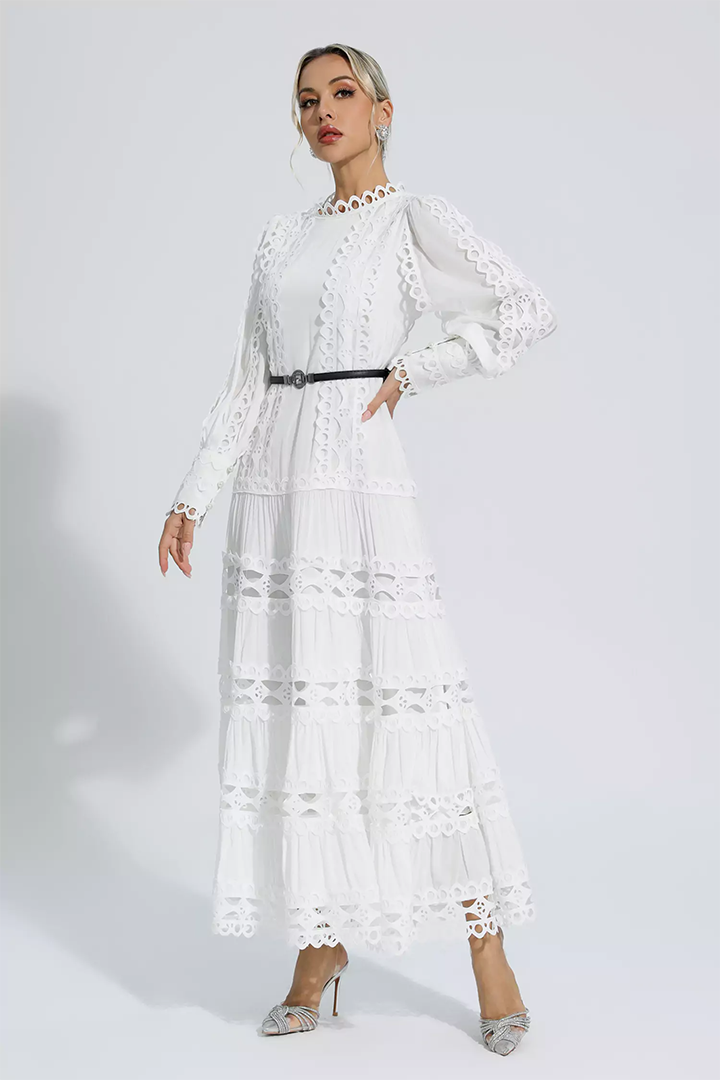 White Hollow Ruffle Maxi Dress