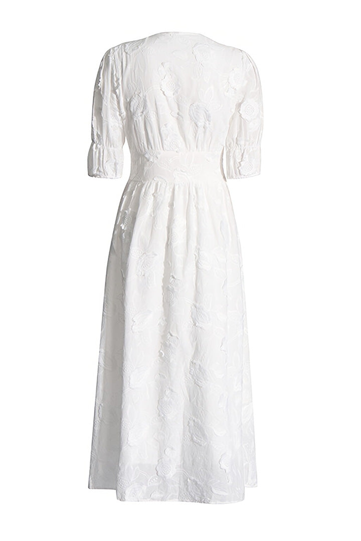 White V-Neck Bubble Sleeve Embroidered Midi Dress