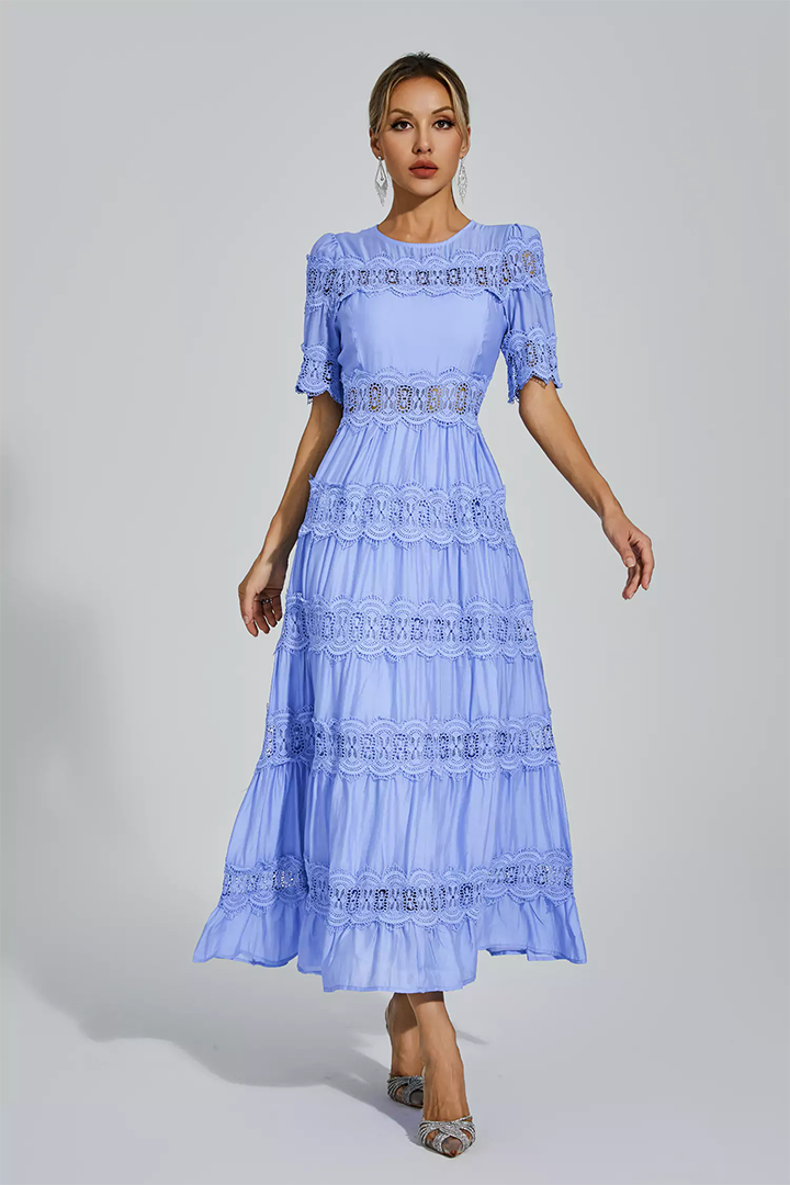 Blue Cut Out Lace Maxi Dress