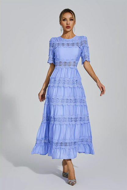 Blue Cut Out Lace Maxi Dress