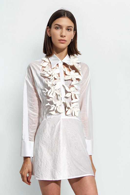 White Flower Hollow Waist Mini Shirt Dress