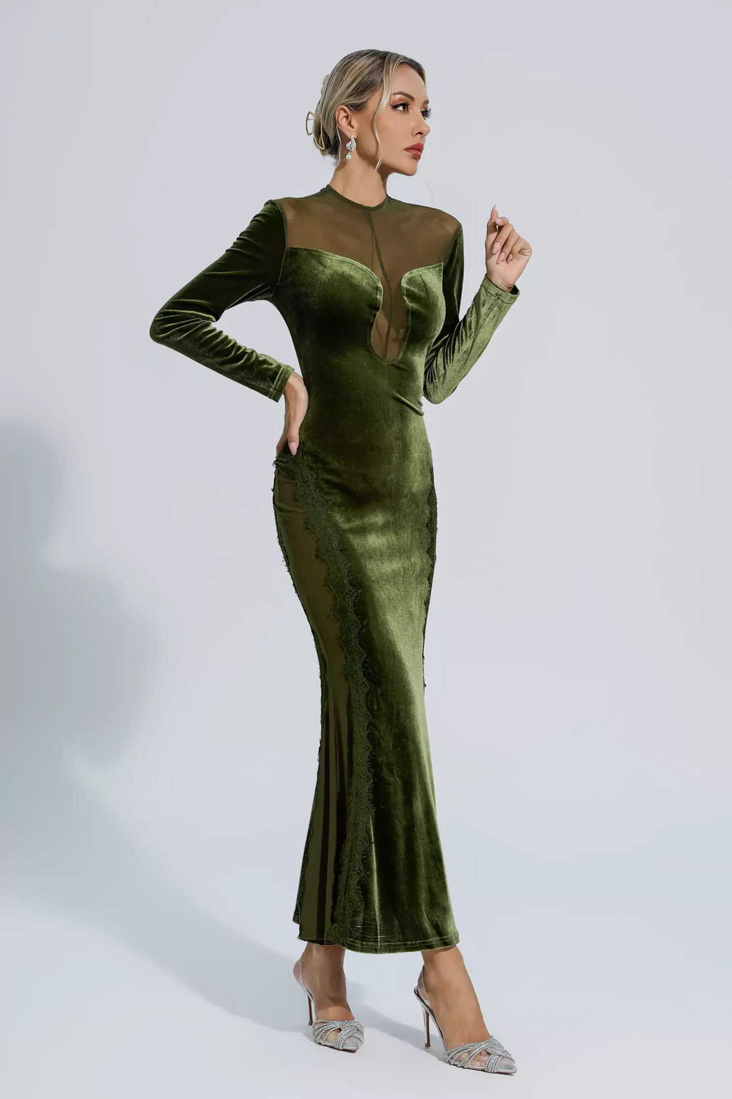 Green Mesh Long Sleeve Maxi Dress