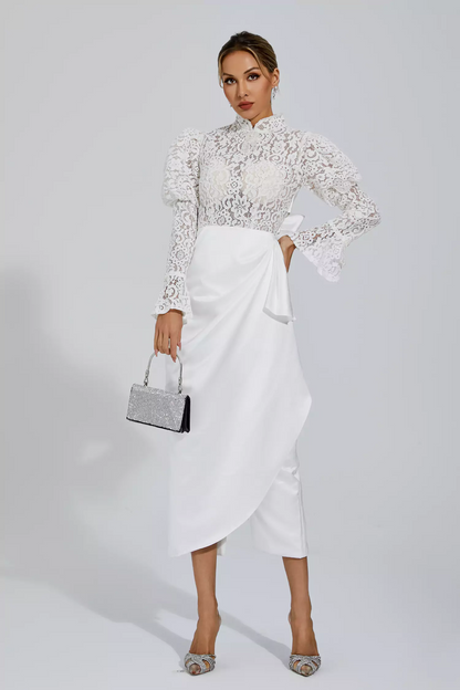 White Lace Bubble Sleeve Midi Dress