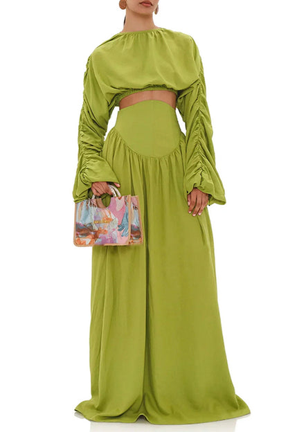 Yellow Green Casual Round Neck Long Dress Set